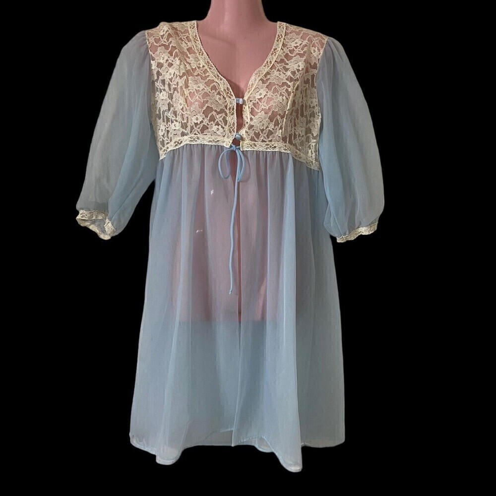 Vintage Lorraine Women's Robe Dressing Gown M Blue Double Chiffon Ivory Lace